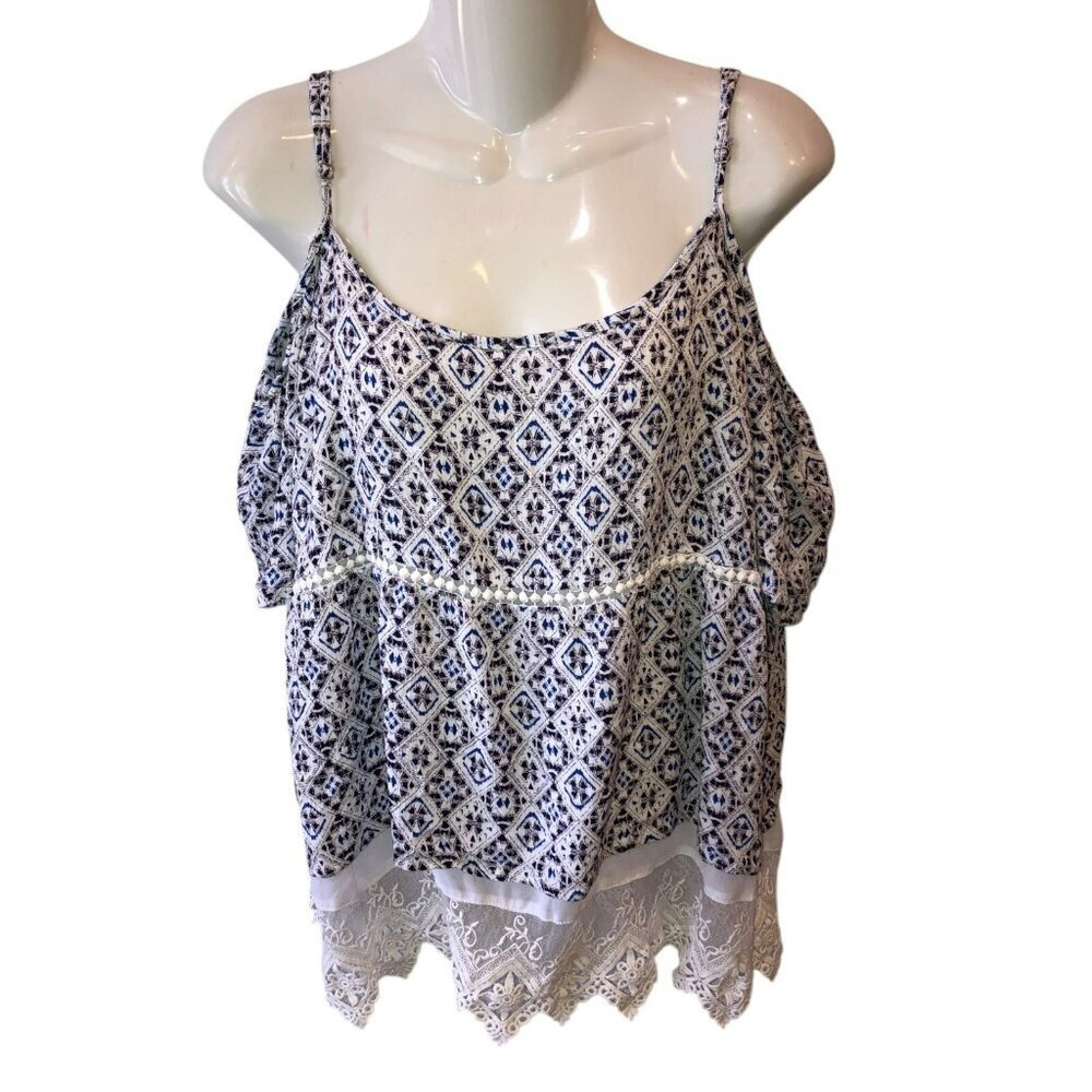 Skies are Blue Size XL Blue Diamond Print Cold Shoulder Lace Hem Blouse Top